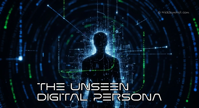 A mysterious, anonymous figure in a digital landscape with enigmatic symbols