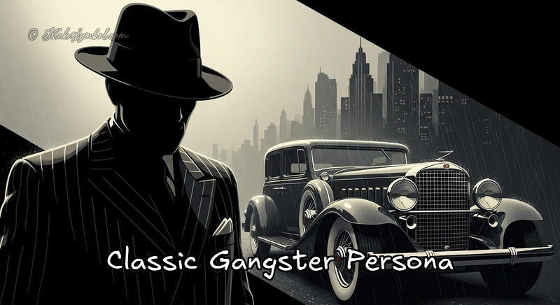 Classic Gangster Persona Shadowy figure in a fedora and suit, evoking classic gangster style